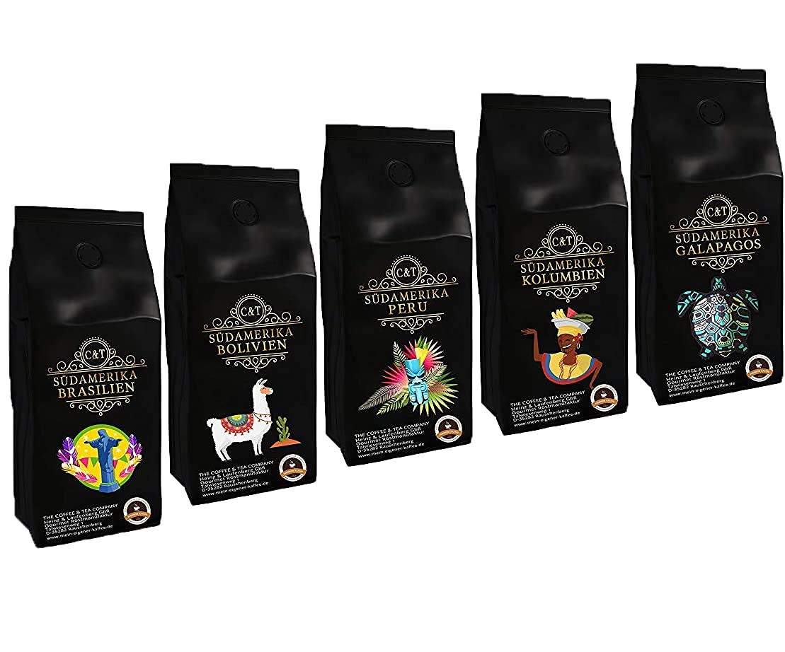 Länder Kaffee Geschenk Set Südamerika Kaffeebohnen frisch geröstet 5 x 500 g Sparpreispaket Gemahlen