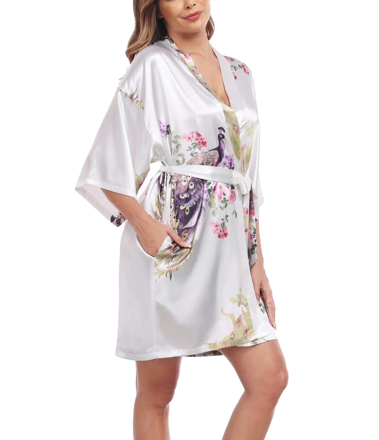 Womens Kimono Robe Floral Silky Satin Bathrobes Wedding Robes for Bride Bridesmaids Soft Dressing Gown Peacock Printed White