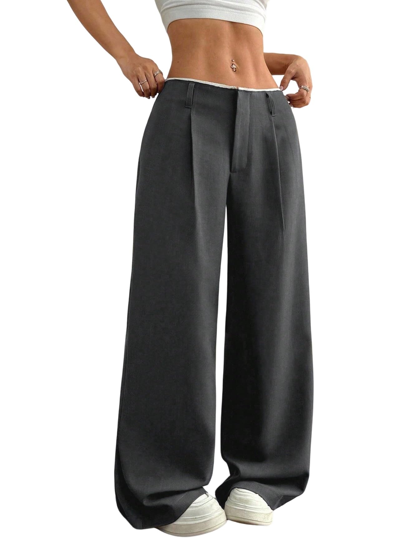 GORGLITTER Pantaloni da donna eleganti e dritti con tasche, a vita bassa, larghi, per il tempo libero, per l'ufficio