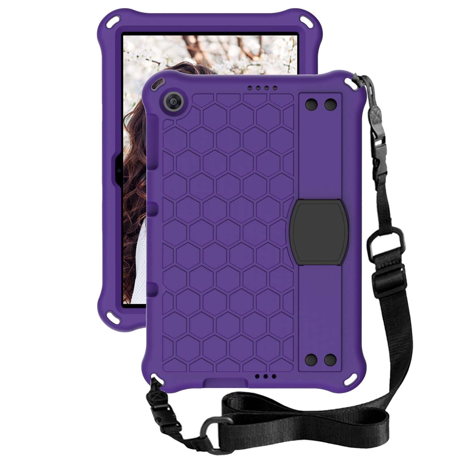 Etui ochronne do Huawei MatePad T10 9,7" / MatePad T10s 10,1" / Enjoy Tablet 2 (2020), wytrzymałe, odporne na wstrząsy silikonowe etui ochronne z uchwytem i paskiem na ramię - fioletowe + czarne