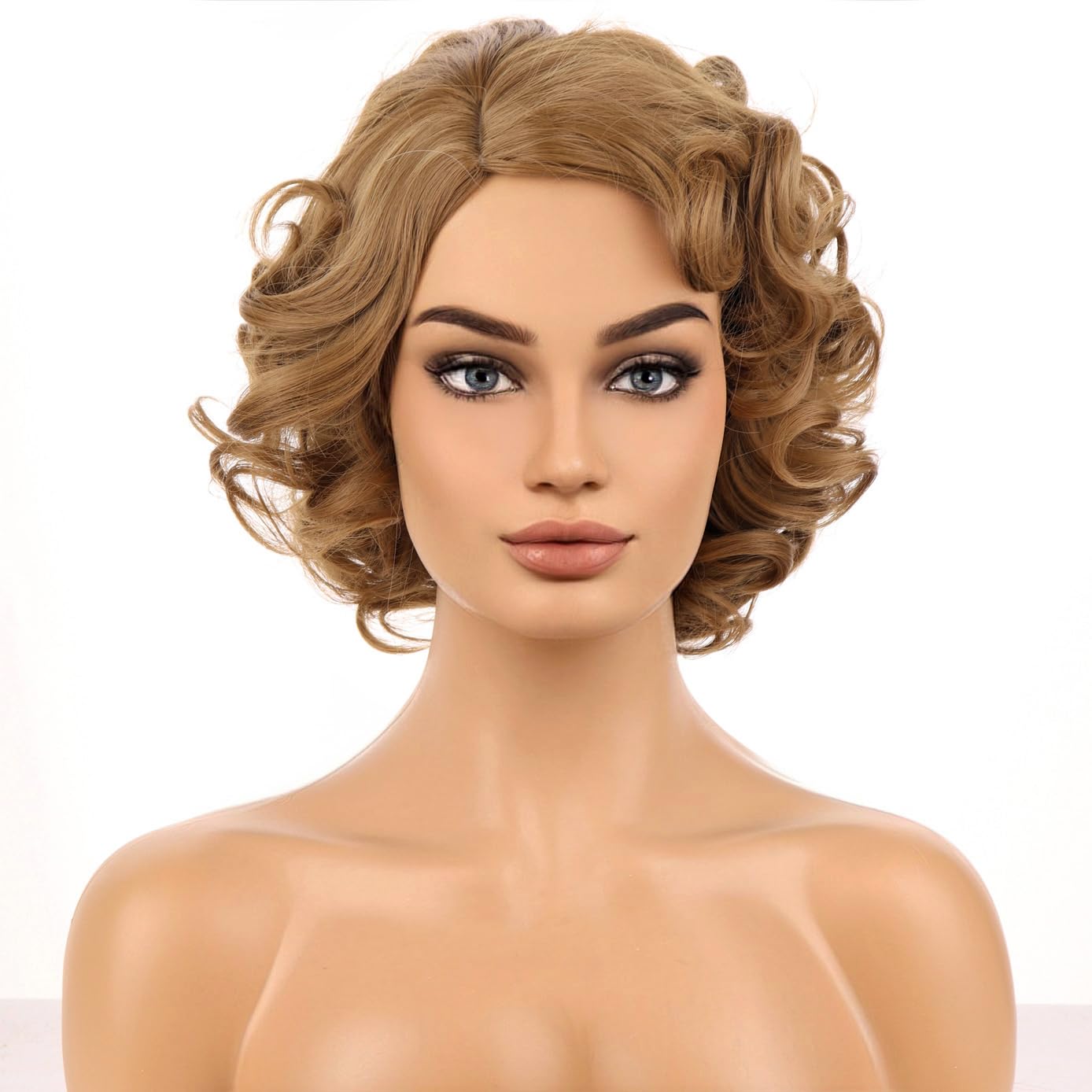 BERON Light Brown Wigs Women Girls Short Curly Bob Wig Side Part Synthetic Hair Wig Halloween Costume for Cosplay Party or Daily Use