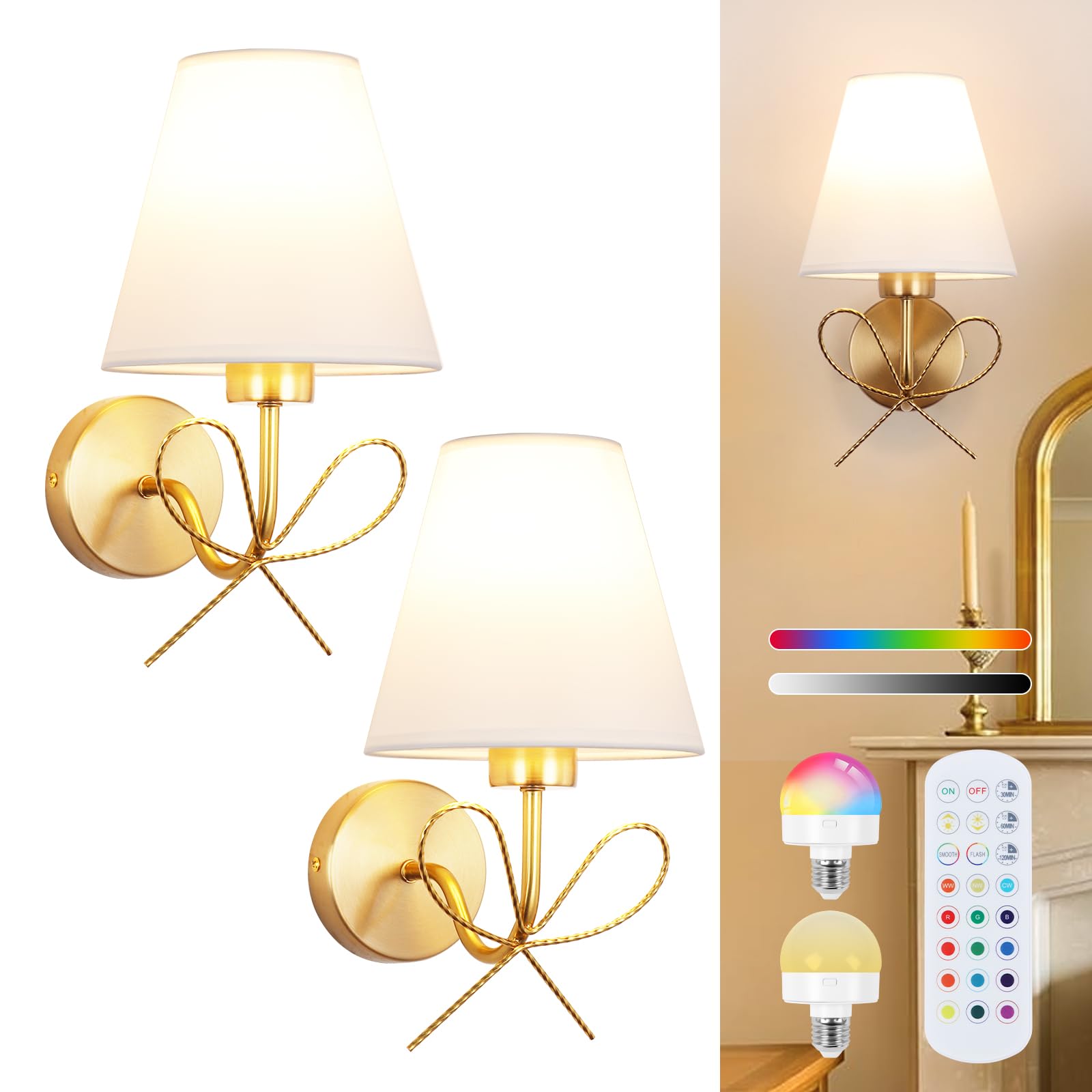 ADISUN Modern Wall Sconce Set of Two, Battery Operated Wall Sconce Remote Control Dimmable Wall Lamp Wireless Sconces for Living Room Bathroom Dining Room Corridor Staircase (2 Bulbs Included)