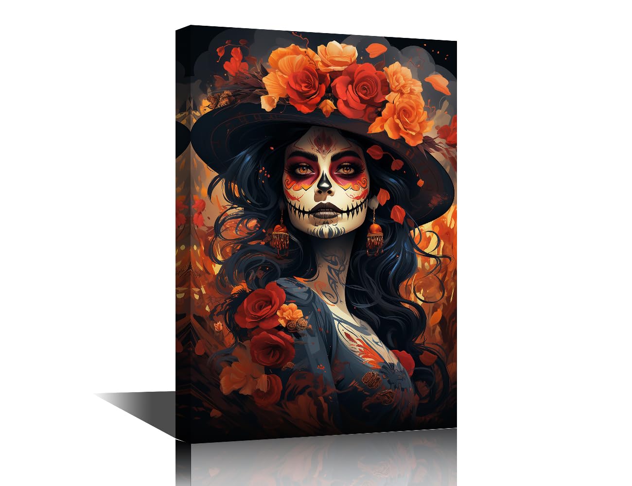 Day of the Dead Sugar Skull Girl Canvas Prints Bedroom Living Room Wall Decor Woman with Sugar Skull Makeup Paintings Artwork Woman Wearing Hat with Roses Poster for Home Decoration 12"Wx18"Hx1 Panel