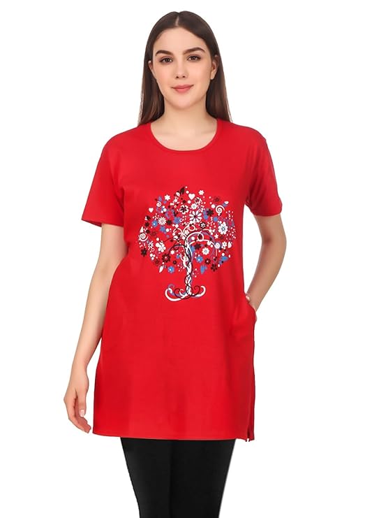 DDASPRATION Women Cotton Printed Long Pocket T-Shirt – TREE-RED
