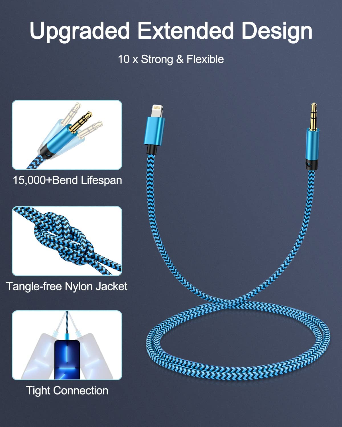 Confezione da 3 cavi AUX a lightning da 91 cm, cavo ausiliario intrecciato per iPhone, autoradio, altoparlante, cuffie, illuminazione certificata Apple MFI su connettore da 3,5 mm, cavo audio per