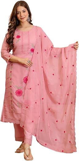Skylee Women's Embroidered Straight Kurta with Pant & Dupatta