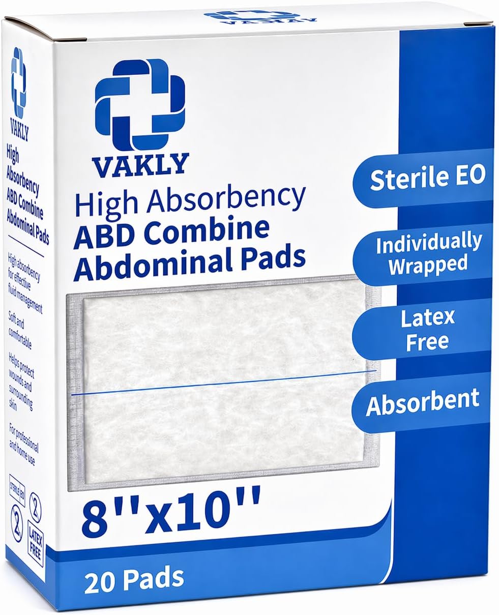 Vakly ABD Pads 8" x 10" Sterile (20 Pack) – Abdominal Combine Gauze Pads, High Absorbency Non-Adherent Dressings, Individually Wrapped for Wound Care & First Aid