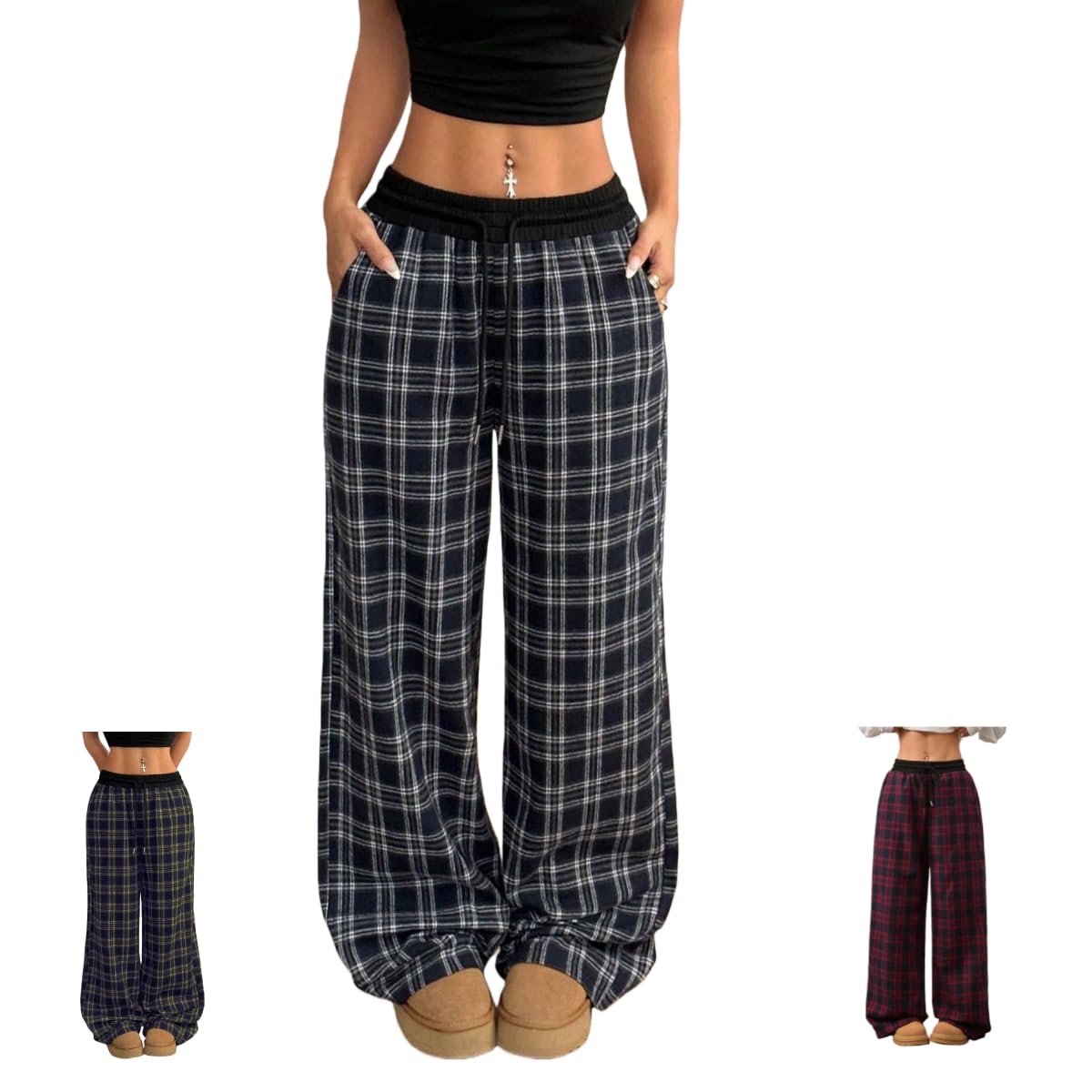 Womens checkered pants flannel loose wide-leg casual pants Wide Leg Baggy Sweatpants with Pockets