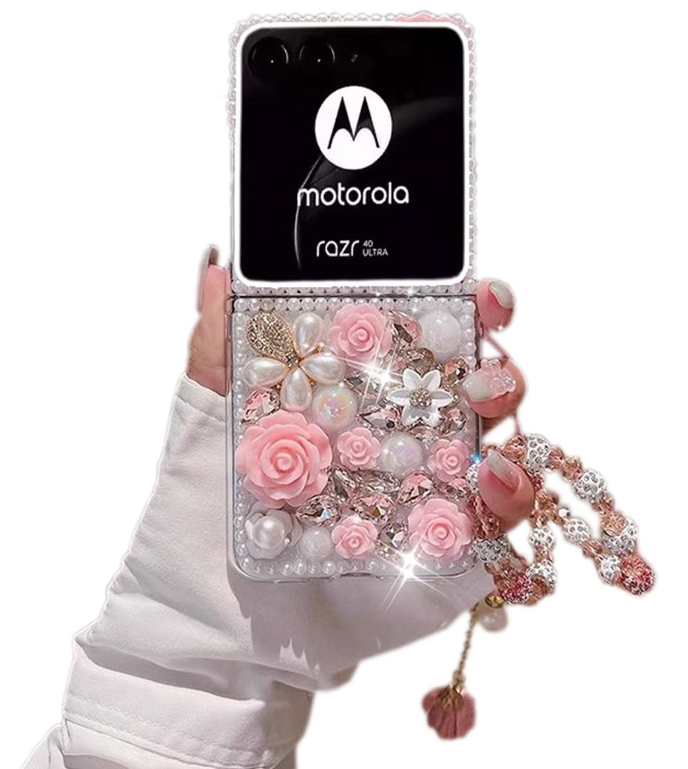 Compatible with Moto Razr 40 Ultra,Moto Razr Plus 2023 Case, Luxury Crystal Rhinestone Flowers Glitter Diamond Pearl Cover Case with Flower Strap for Moto Razr Plus for Women