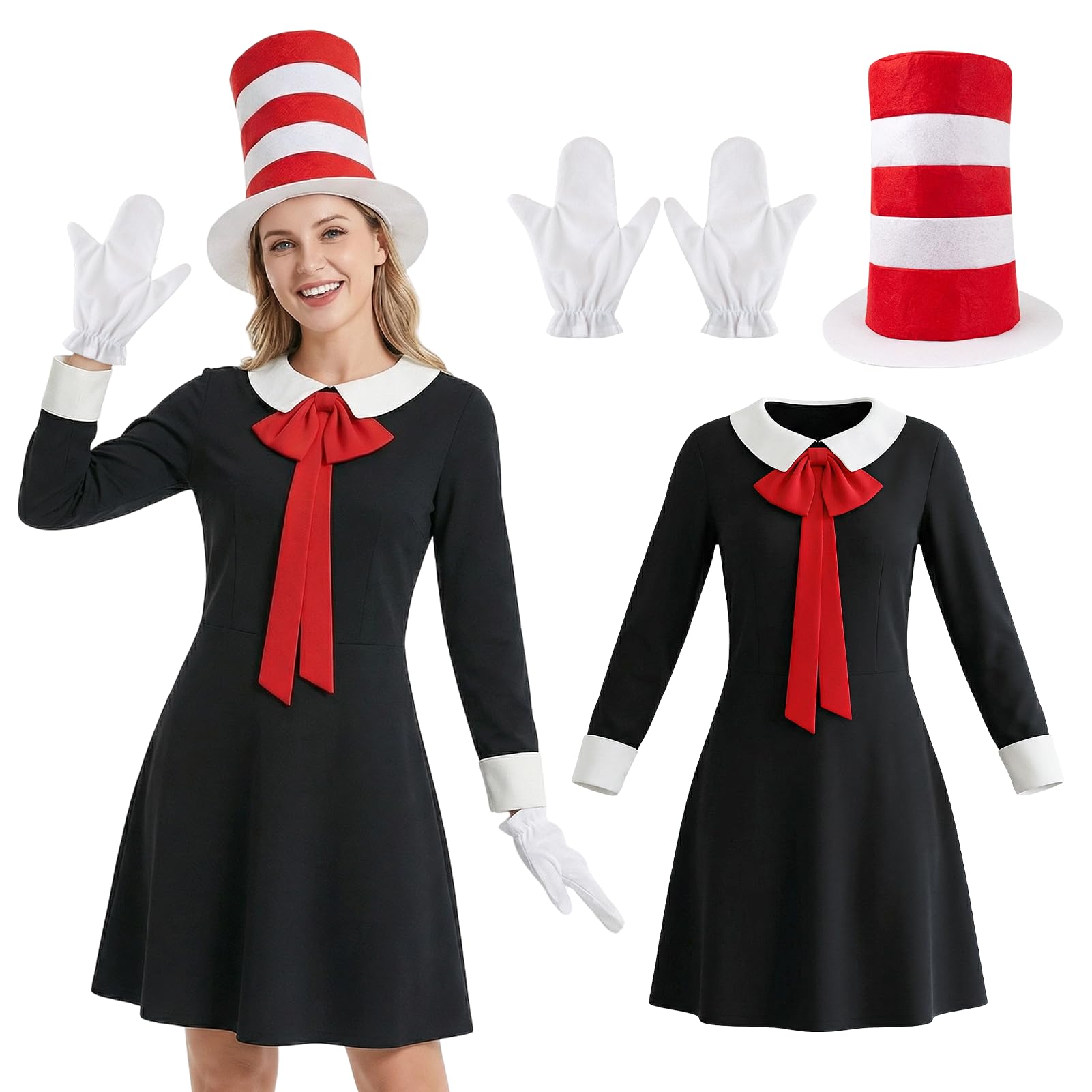 Maryparty Cat in the Hat Costume for Women Black and White Dress World Book Day Cat in The Hat Costume for Adults (XL)