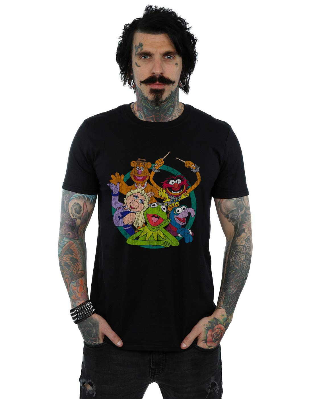 Disney The Muppets Group Circle T-Shirt Black Cotton Crew Neck Short-Sleeved XXL - Officially Licensed