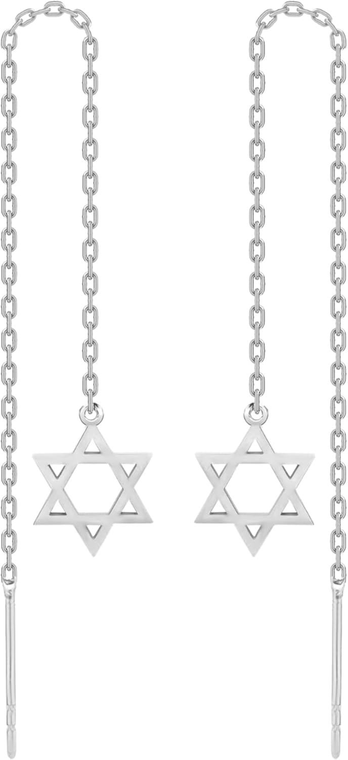 925 Sterling Silver Star of David Threader Dangle Earrings for Women | Minimalist Chain Earrings Double Piercings | Dangle Magen David Earrings (Sterling silver)