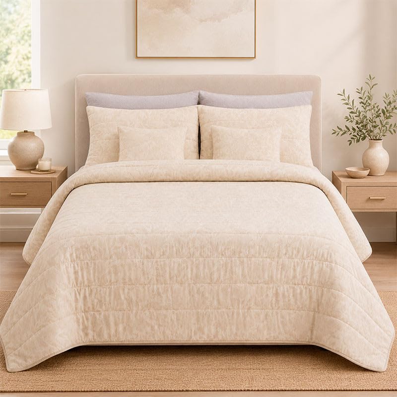 Rufino Díaz Colcha Prelavada Jacquard Alina + Funda de Cojín (Beige - 150 cm) - para una sensación acogedora y de Confort - Tejido Suave, Agradable y Resistente