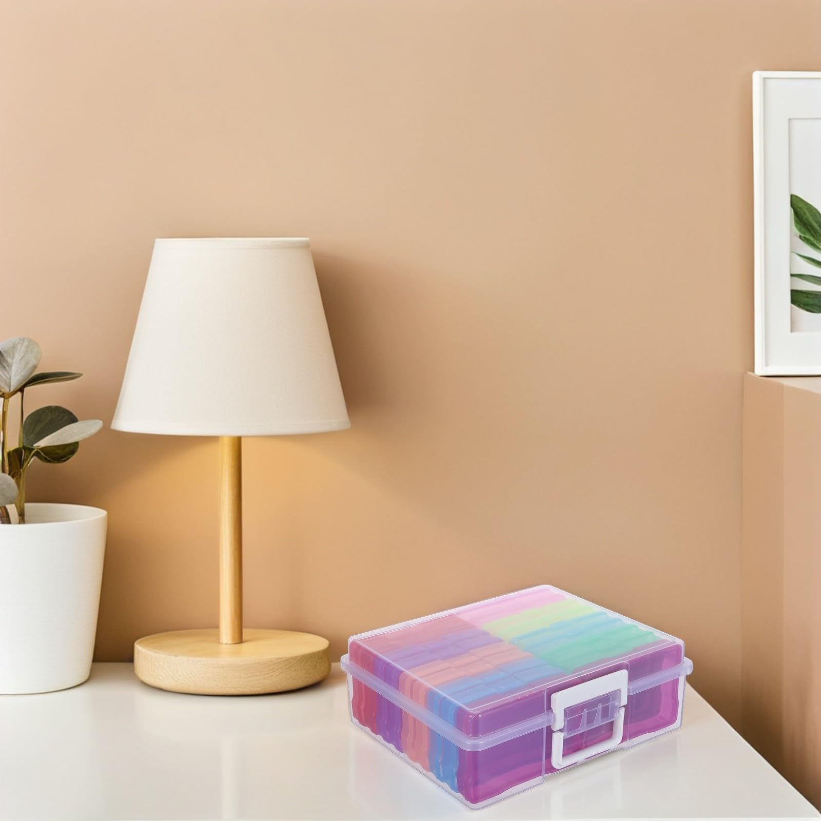 Generisch Transparente Fotoaufbewahrungsbox aus Kunststoff mit 18 Farbigen Innentaschen und Griff Leichter Organizer für Karten und Bastelbedarf für Zuhause und Büro