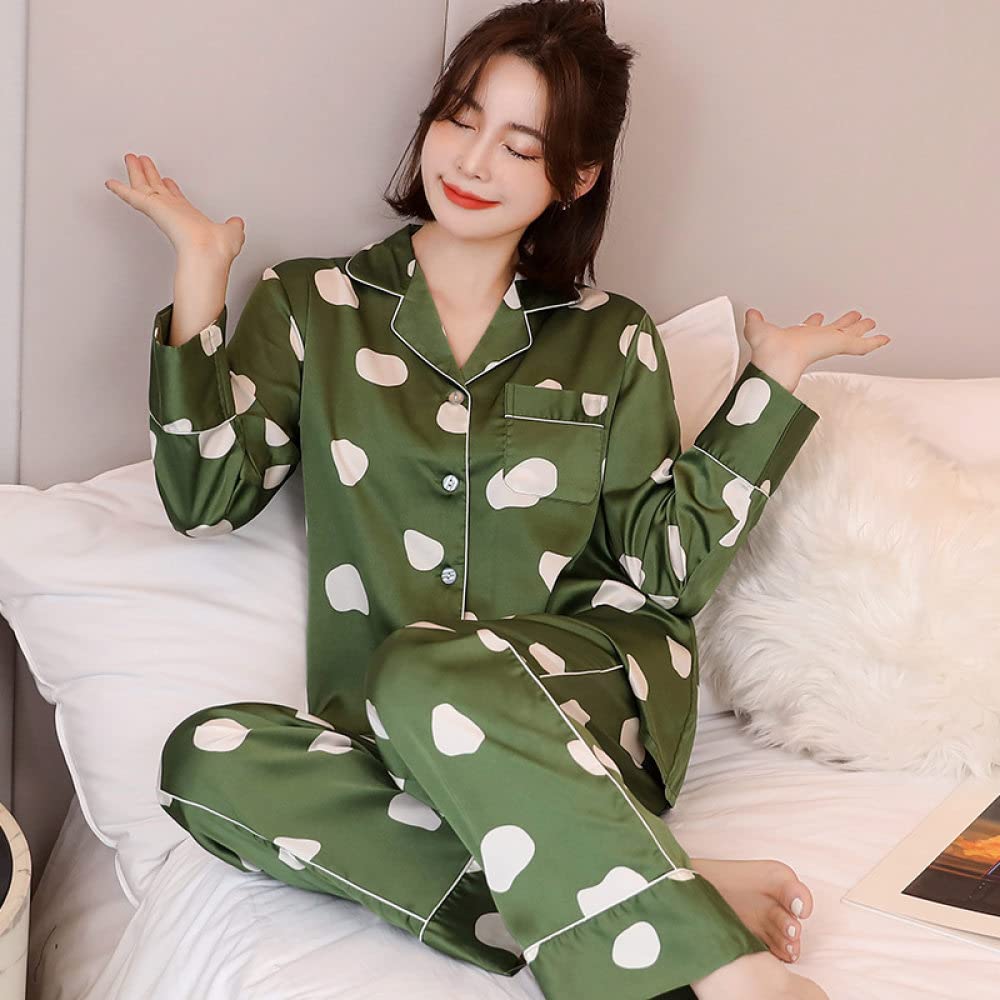 Sexy Schlafanzug Frauen,Damen-Pyjama-Sets Grüne Seidensatin-Revers-Knopftasche Unregelmäßiger Tupfendruck Kuscheliges Pyjama-Oberteil Mit Langen Ärmeln & Unterteile Set Lounge Wear Nachtwäsche