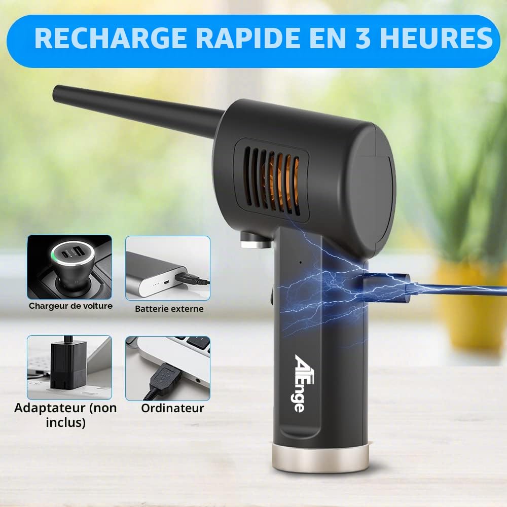 Bombe d'air Comprimé, Dépoussiérant Puissants électrique,Plumeau à air électrique 33000 tr/min, avec câble USB et brosse de nettoyage, pour ordinateur, clavier,voiture, maison pour animaux domestiques