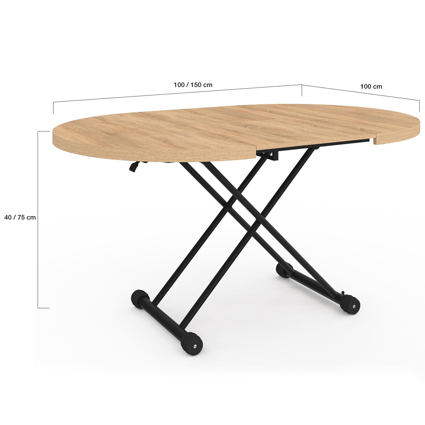 IDMarket - Mesa de centro extensible abatible convertible en mesa de comedor redonda ALTURA 100-150 cm de madera y diseño industrial negro
