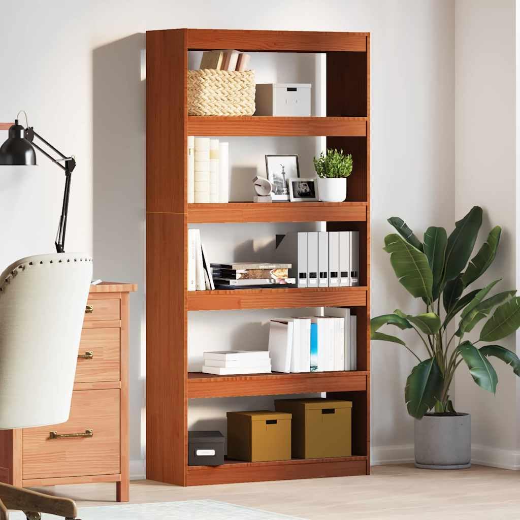 Libreria marrone cerato, 80 x 30 x 167,5 cm, in legno di pino massiccio, con 5 ripiani, per soggiorno, ufficio e cameretta dei bambini, contenitore rustico per libri, documenti, decorazione
