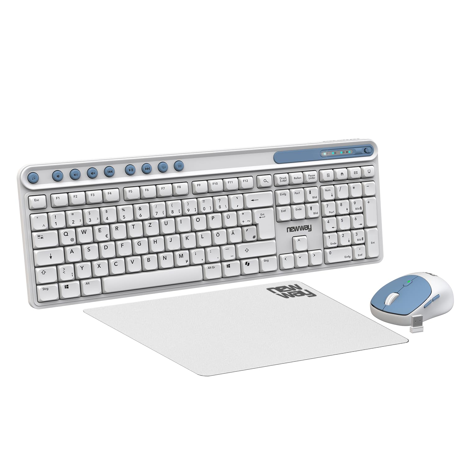 NEWWAY NKMP252 – Kabellose Tastatur Maus Set 2,4 GHz – QWERTZ Deutsch – Leise Tasten, 14 Multimedia-Tasten, Leichte Ergonomische 6-Tasten-Maus, Mauspad Inklusive, Lange Batterielaufzeit (Weiß)