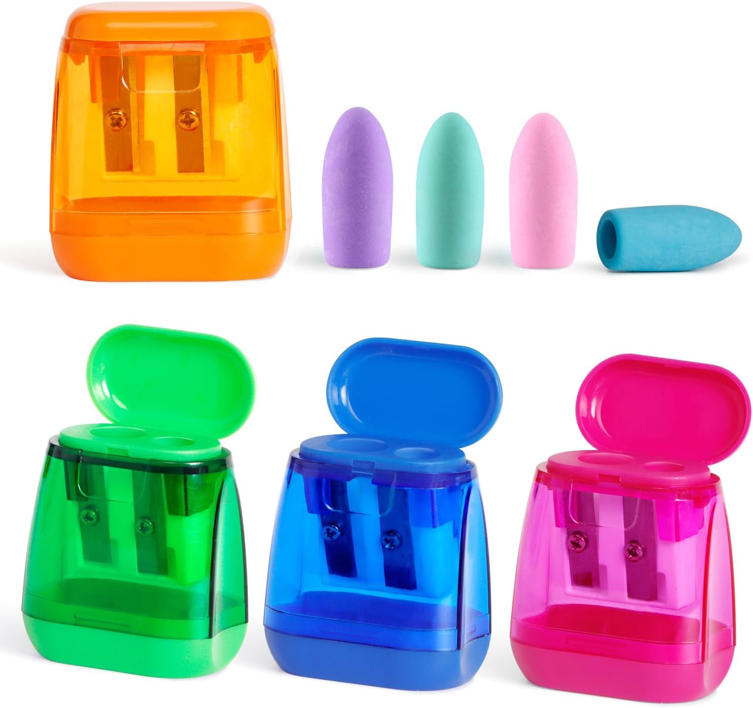 Pencil Sharpeners, Aipker Manual Sharpeners & Pencil Top Eraser Set for Colored Pencils, Colorful Protable Dual Holes Pencil Sharpener with Lid for Kids, Audlts, Artists, Classroom, School & Office A-Pencil sharpener