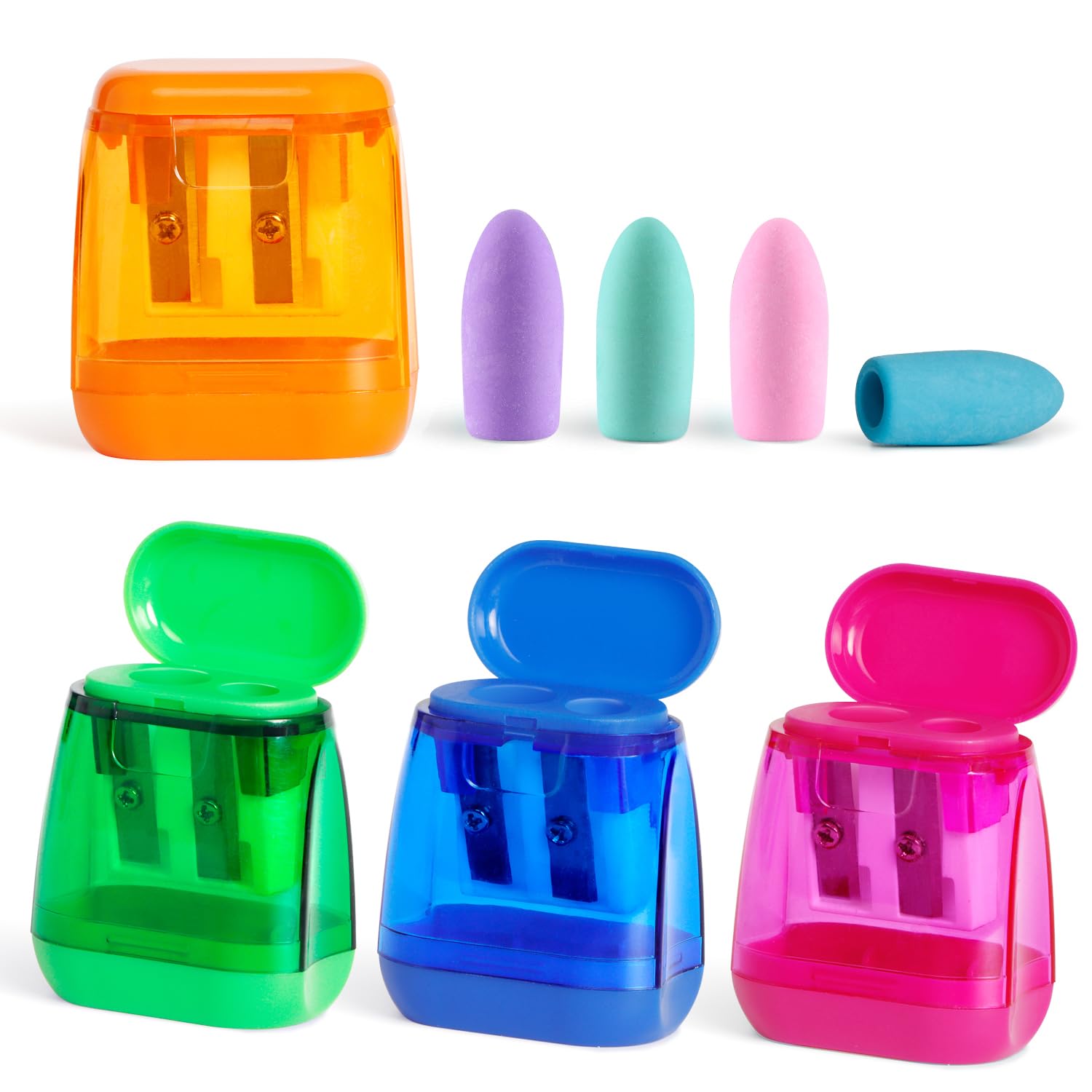 Pencil Sharpener, Manual Pencil Sharpeners, 4PCS Colorful Compact Dual Holes Pencil Sharpeners with Lid, Colored Pencil Sharpener for Kids & Adults, Portable Pencil Sharpener for Travel School Office