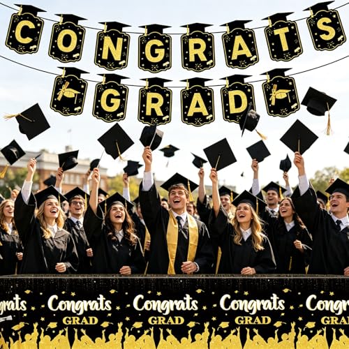 LAOREI Graduation Decorations 2026, Disposable Black Gold Graduation Tableware Kit with Plates Napkins Cups Tablecloth Congrats Grad Banner for Graduation Party Decorations 2026, Serve 24 — view 2
