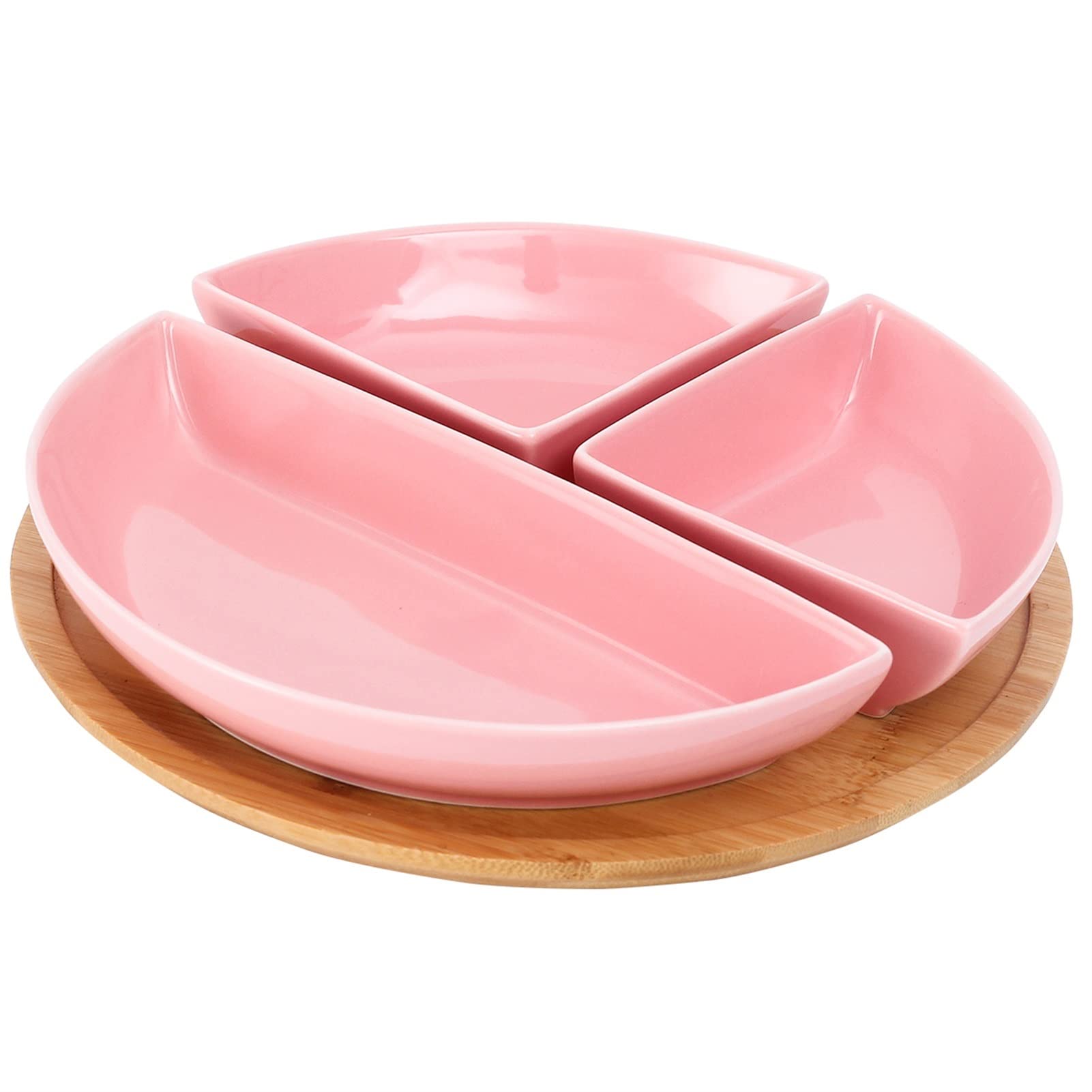 Ceramics Divided Portion Plate with Movable Tray, 3 Section Round Elegant Quadrate Shaped, Dinner Plates Luncheon Plates Salad Plates Dishes for Kitchen - Pink (Color : Pink)