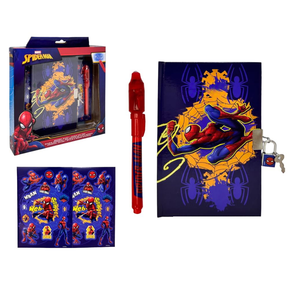 Journal Secret Spiderman – Couverture Rigide, Stylo Magique, Stickers, Cadenas Et 2 Clés, Dès 6 Ans