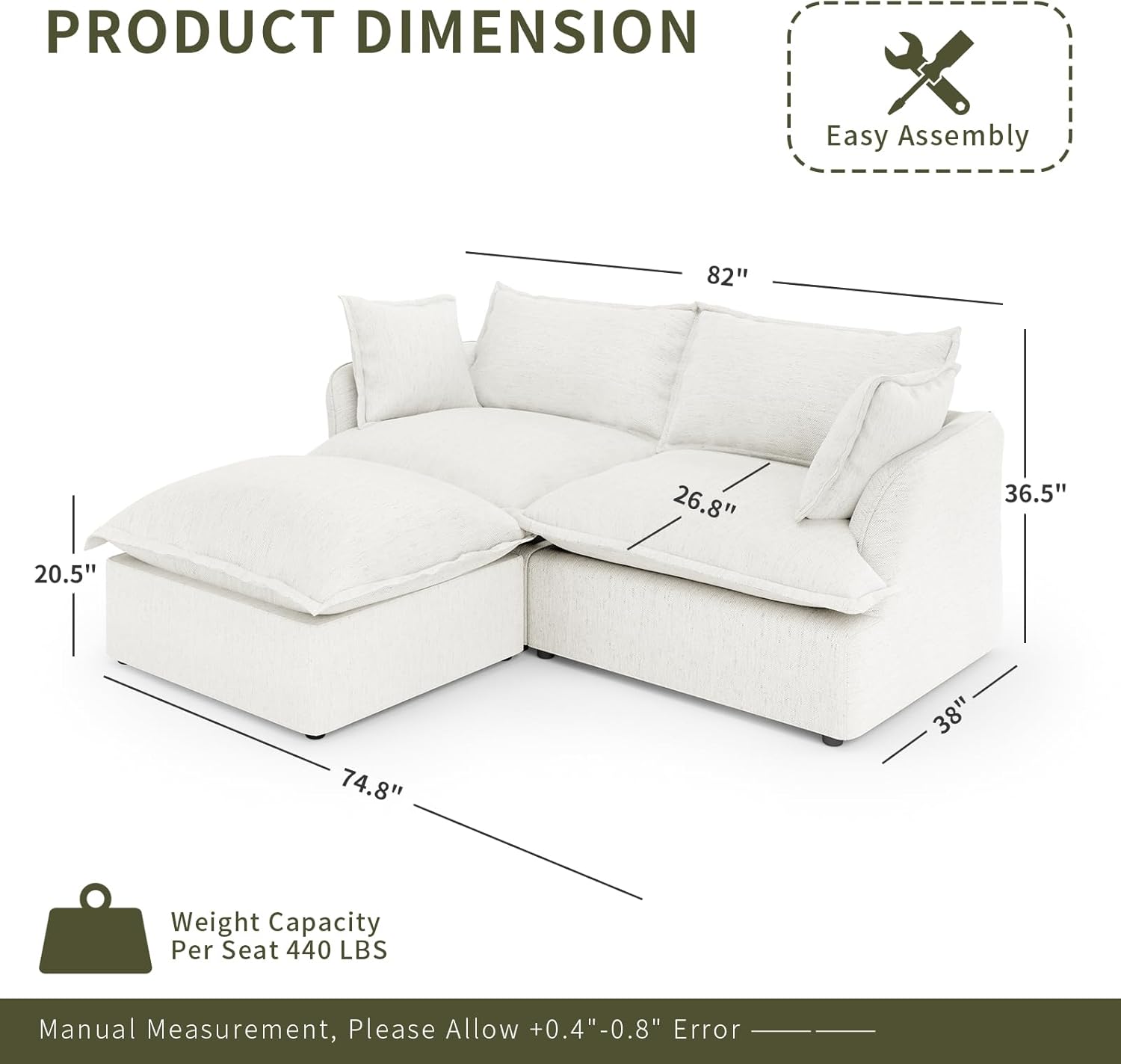 Linen Blend Cloud Couch Sectional for Living Room, Comfy Down Filled Cloud Modular Sectional Sofa, Modern Convertible Deep Seat Modular Couch Sleeper Sofa Bed, Removable & Washable Covers