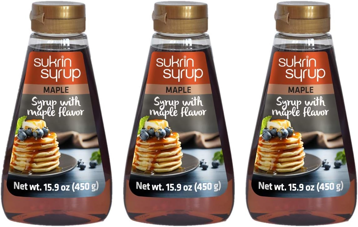 Sukrin Sugar Free Maple Syrup - with Fiber, Erythritol and Stevia, Gluten-free, Keto and Low Carb Sweetener, Vegan, Desserts and Breakfast, Pancakes, Waffles, Granola, Coffee, Non-GMO, 450 g (3-pack)