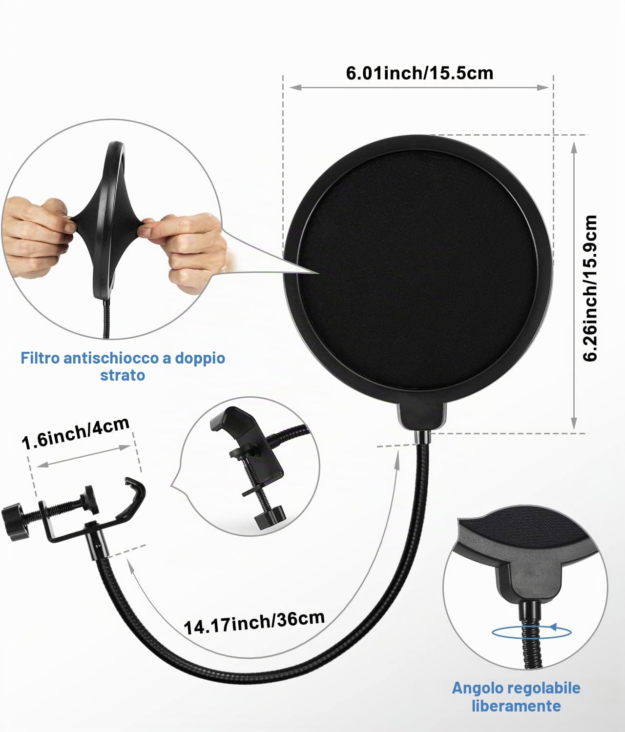 BILIONE Supporto per microfono da scrivania, regolabile, con filtro anti-pop, supporto antiurto, clip per microfono, adattatore a vite in metallo da 1,5 cm a 0,95 cm