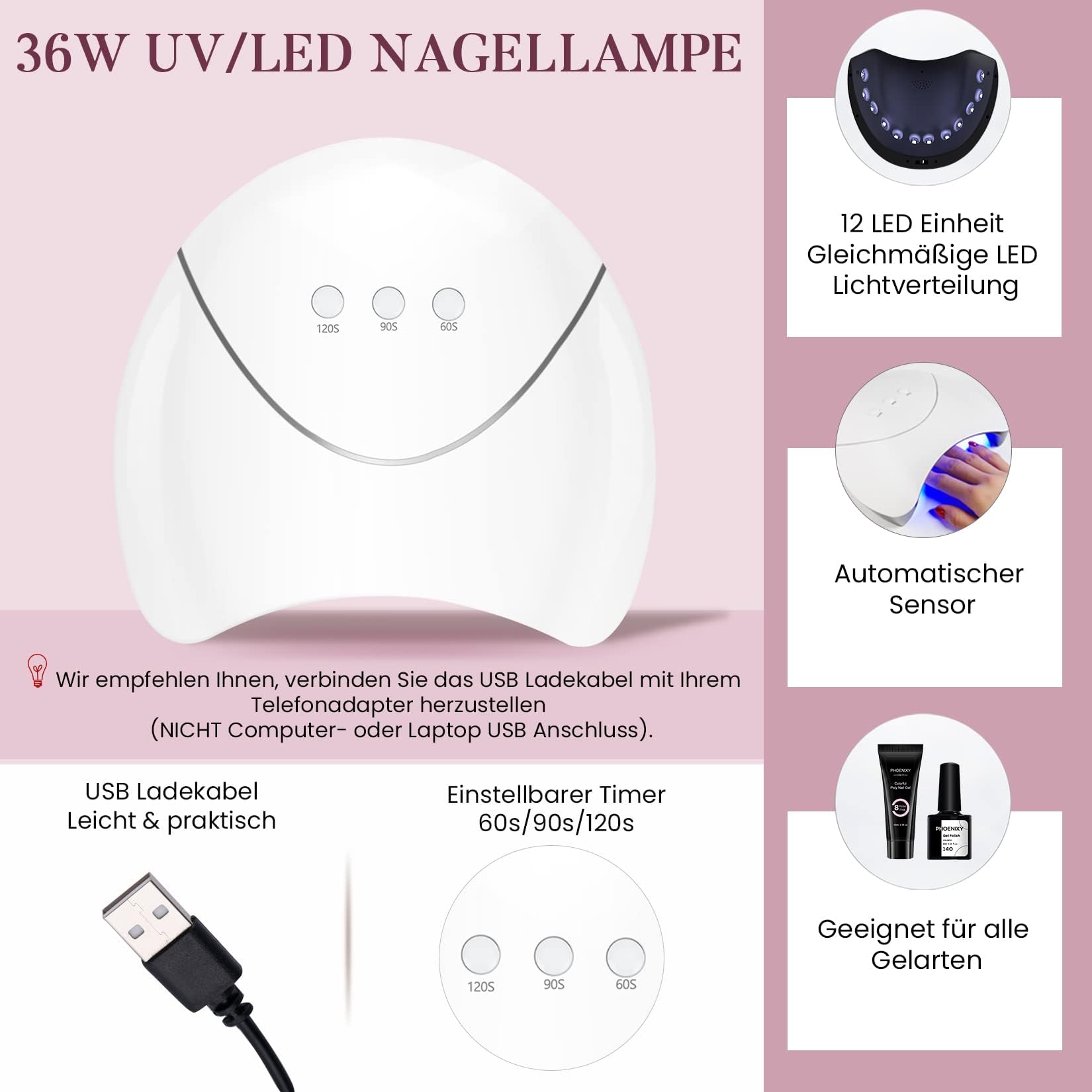 Kit Unghie Gel Completo Phoenixy con Lampada U V/LED 36W 8 Colori Smalto per Unghie + 4 Colori Gel Ricostruzione Unghie Kit Semipermanente Unghie Nail Art Set Professionale