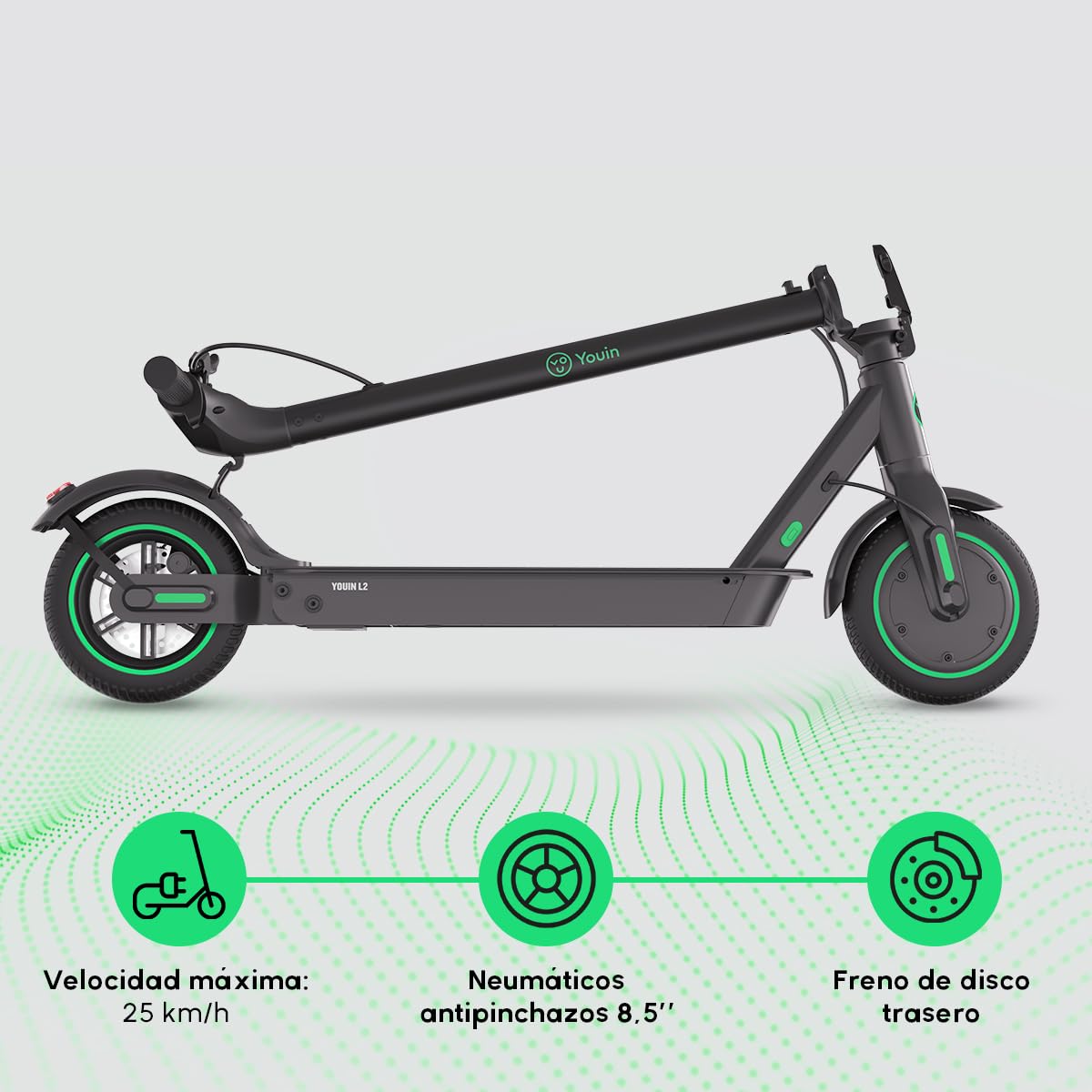 Youin Patinete Eléctrico L2 8.5", Suspensión Trasera, Pantalla LCD, Luces LED, Ruedas 8.5 Pulgadas, Freno de disco.