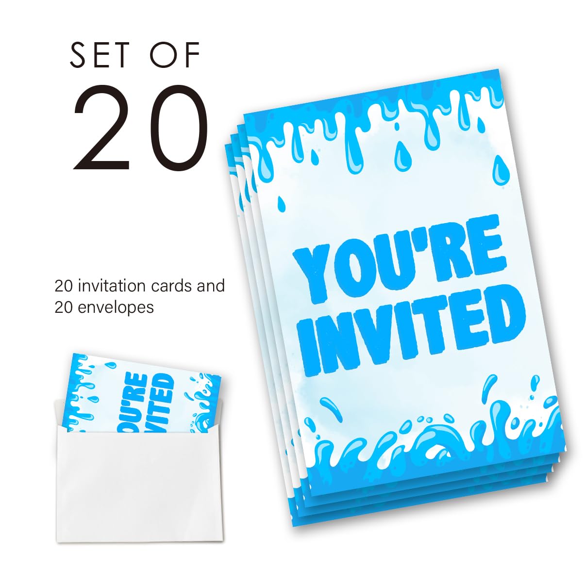 EUDOSI Pool Birthday Party Invitations Supplies Fill-In Set of 20 with Envelopes Splash Birthday Bash Invites Cards, Double Sided