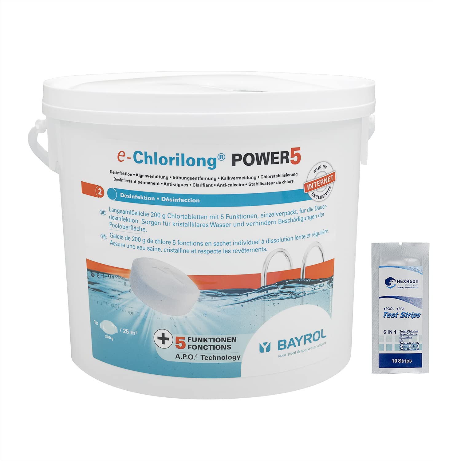 BAYROL e.CHLORILONG Power 5 Galets Stabilisé Multifonction pour Désinfection Régulière - 200g | Dissolution Lente + 10 T