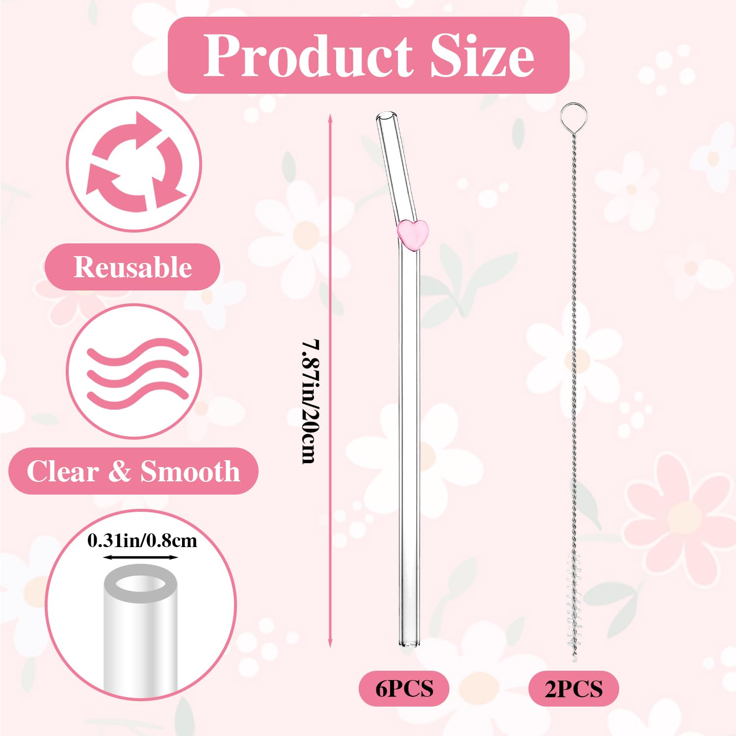 6 PCS Glass Straws with Different Charms, Cute Reusable Straws with 2 PCS Cleaning Brush - Image 2