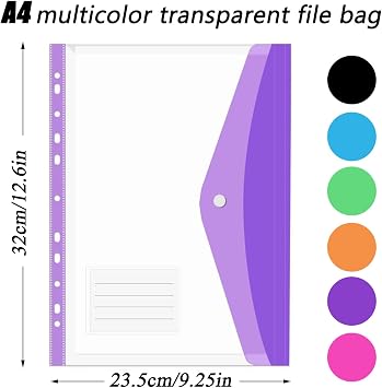 6 Pcs Punched Pockets A4 Plastic Wallets File Folders Clear Assorted Coloured Envelope with Label Pocket Snap Button for School Home Office (Side Opening)