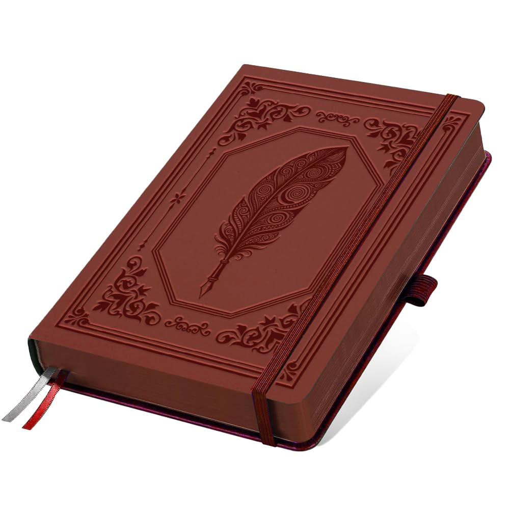 DOODLREAM A5 Feather Pen Embossed Leather Journal, 300 Pages Lined Notebook, Burgundy Vintage Pattern Hardcover Notebook for Travel Diary, Business, Work and School Daily Writing