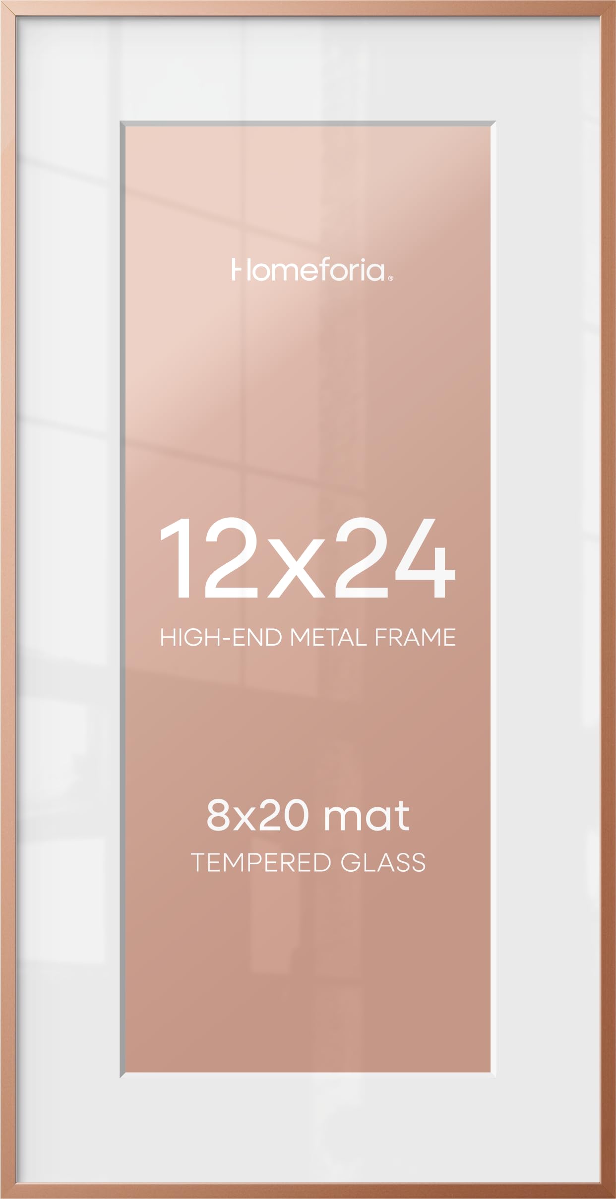 Homeforia 12x24 Rose Picture Frame, High-End Metal, 8x20 Mat, Glass | High End Aluminum, Tempered Glass, Acid-Free 8x20 Removable Mat, 12x24 in Edge-to-Edge Display 24x12, Wall Kit, Set Of 1