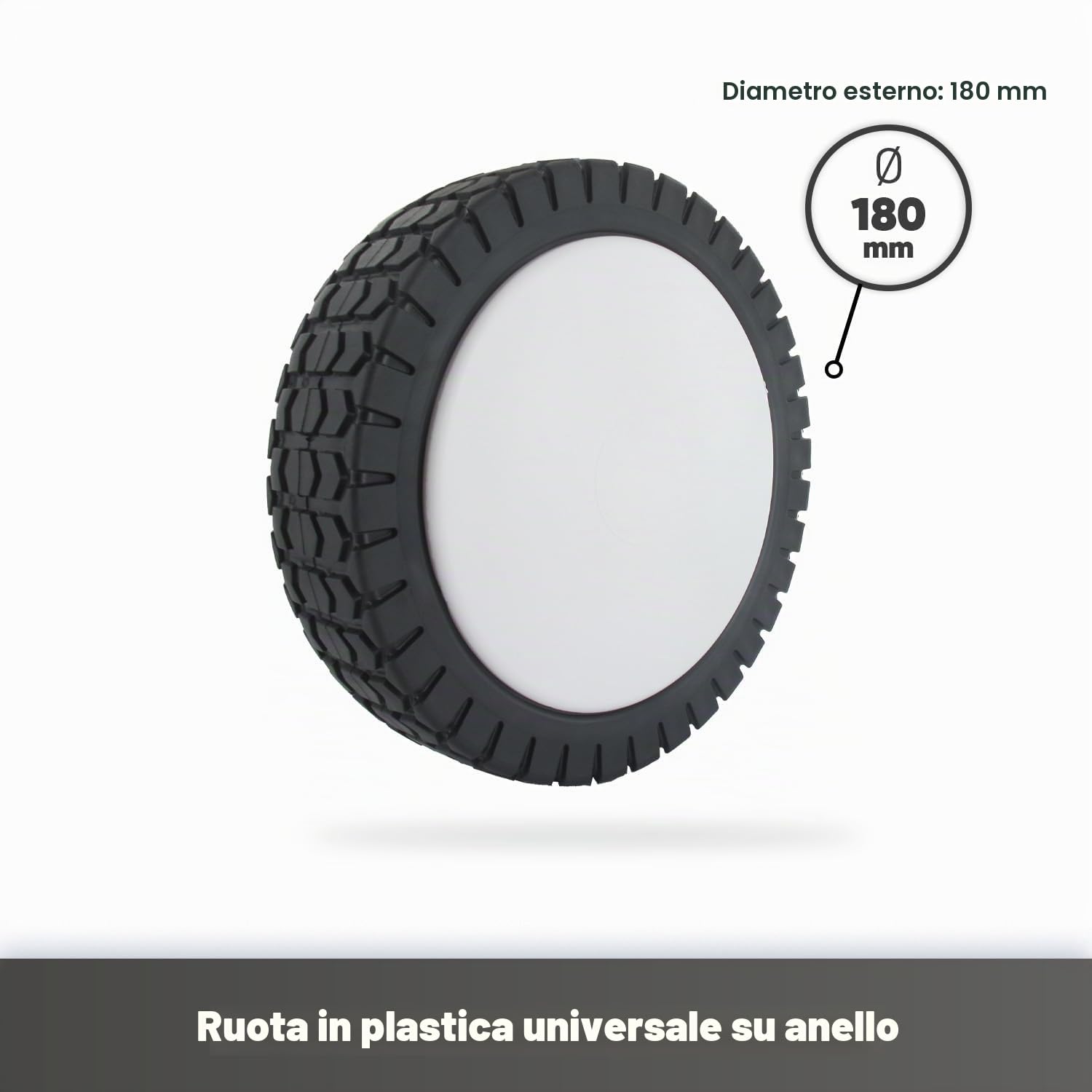GREENSTAR - Ruota in plastica universale su anello + coprimozzo - Diametro 180 mm - Anelli di riduzione 8/10/12 mm