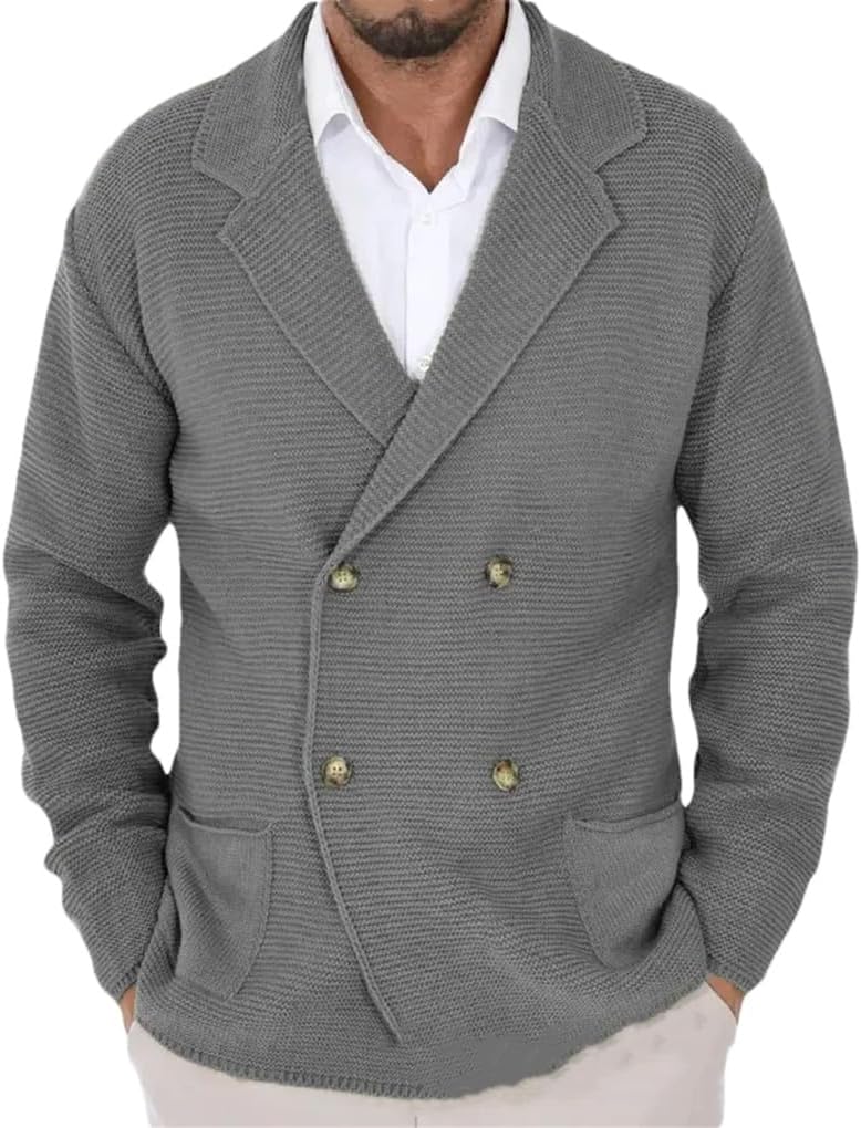 Men's Collar Double Breasted Slim Knit Cardigan Sweater Solid Color Casual Loose Business Knit Cardigan Jacket