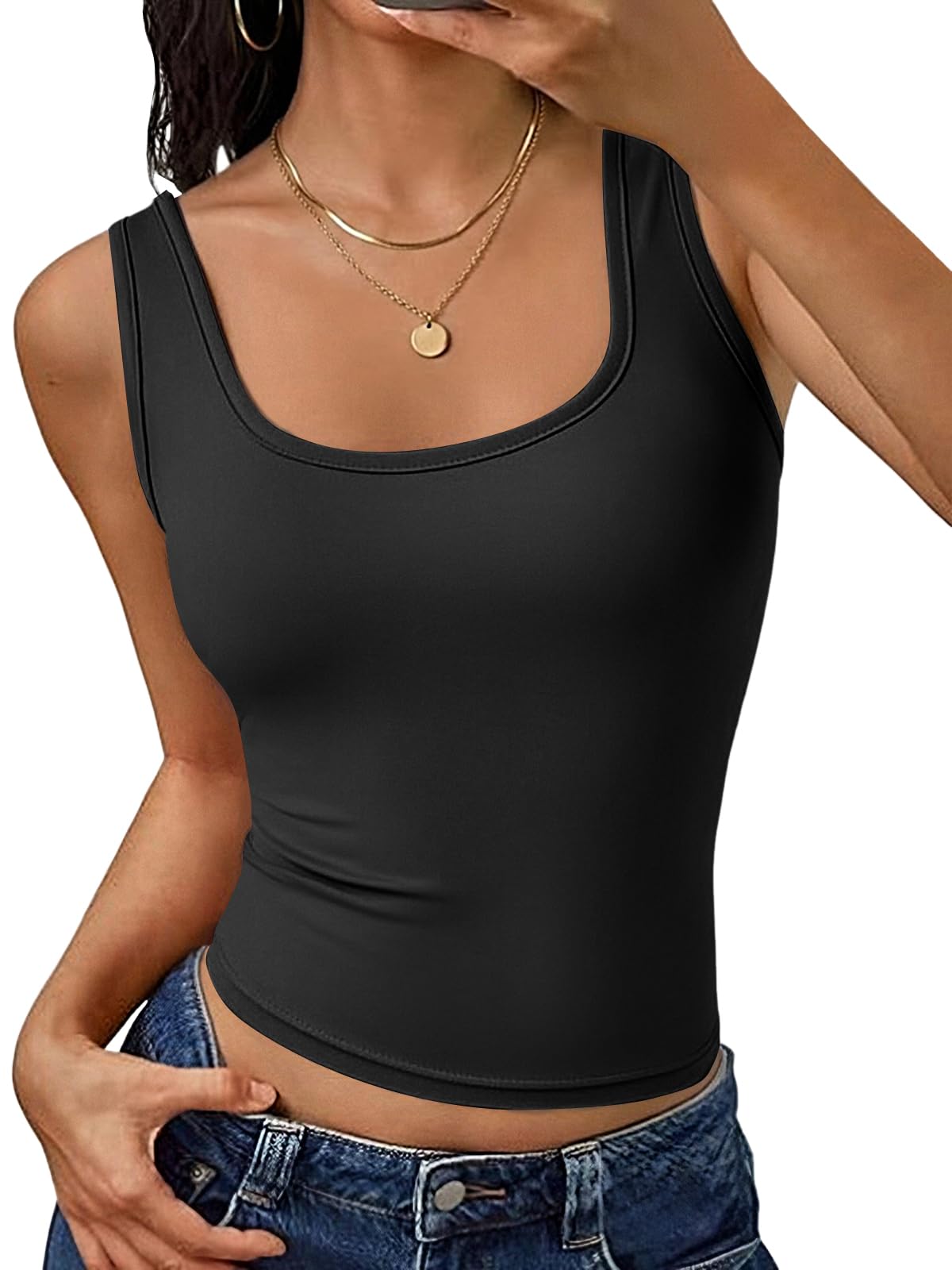 Cuptacc Tank Top Damen Eckiger Ausschnitt Ärmellose Top Damen Breite Träger Doppellagige Slim Fit Basic Oberteil