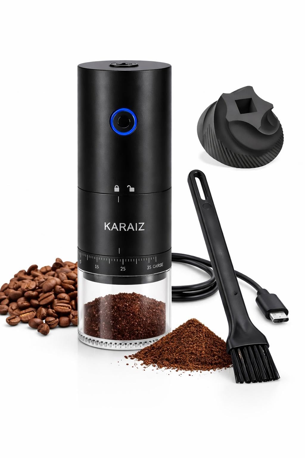 KARAIZ Electric Rechargeable Coffee Grinder, 2X Faster Grinding with 38 External Adjustable Settings, Conical Ceramic Burrs, Portable for Home, Office, Travel, Camping,etc.