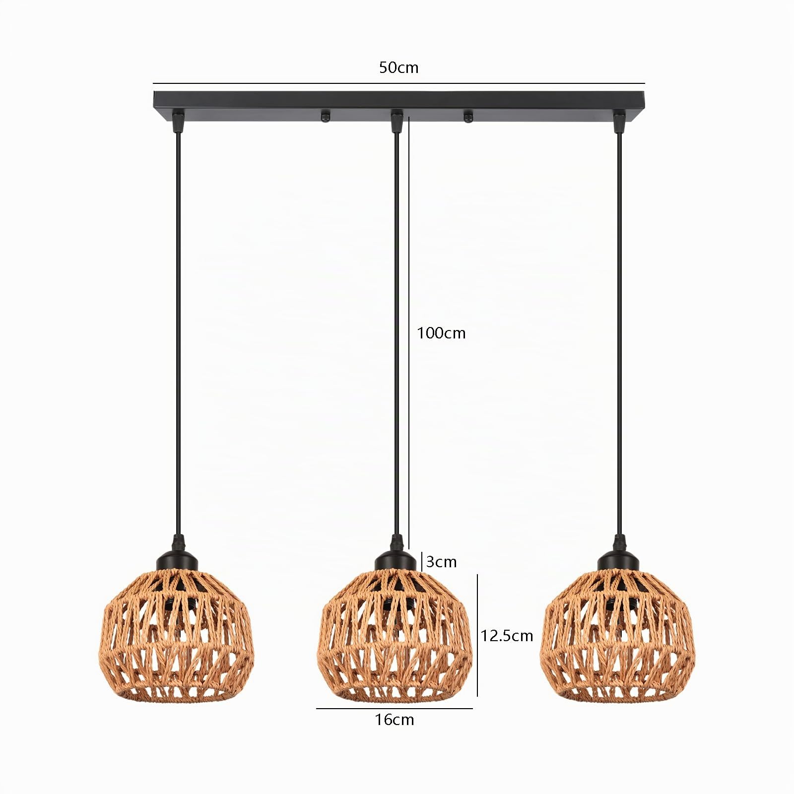 3 Lumières Suspension Industriel Lustre Vintage Abat-jour en Métal et Rotin Luminaire Plafonnier Rétro E27 Lampe Suspendue avec une Barre pour Restaurant Salon Chambre