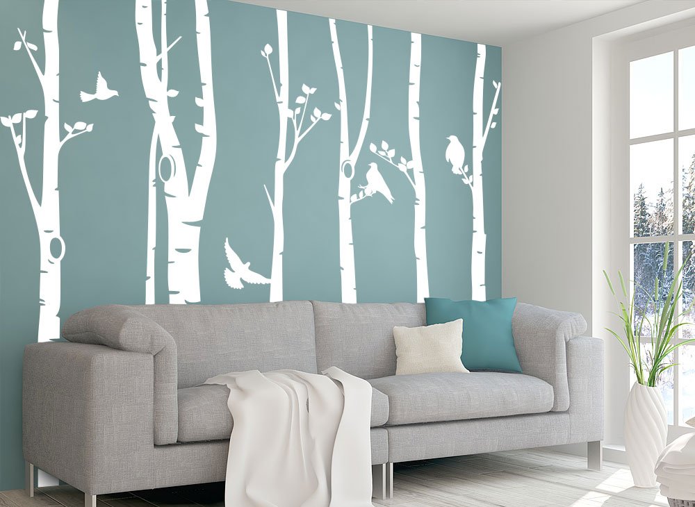 Grandora Wandtattoo XXL Birkenstämme Vögel I weiß (BxH) 267 x 250 cm I Bäume Schlafzimmer Wohnzimmer Sticker Aufkleber Wandaufkleber Wandsticker W5187