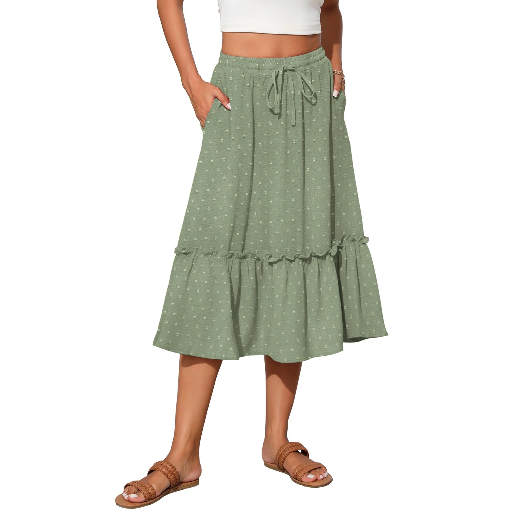 Witsmile Womens High Waist Tiered Midi Skirt Flowy Long Length with Pockets