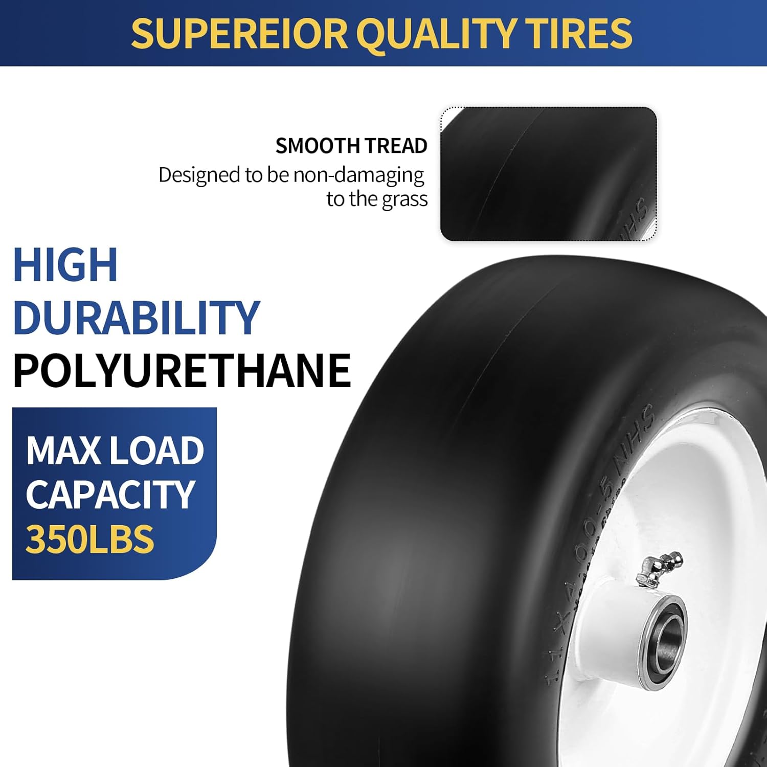 11x4.00-5 Flat Free Tire and Wheel Assembly,Tubeless Tire Fits Zero Turn Lawn Mowers,3.4"-5.6" Centered Hub,3/4" or 5/8" or 1/2" Bushing,Come with Universal Adapter Kit, Set of 2