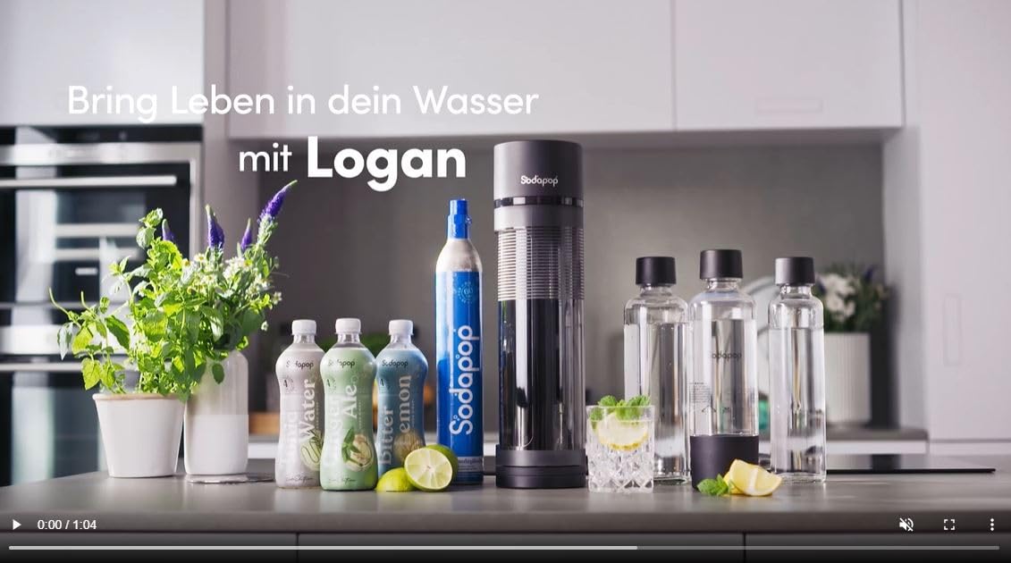 Sodapop Wassersprudler Logan, inkl. 3 Glasflaschen (2x 850 & 1x 600 ml) und 1x CO₂-Zylinder, Starterset, Matt Schwarz, Höhe 42,6 cm