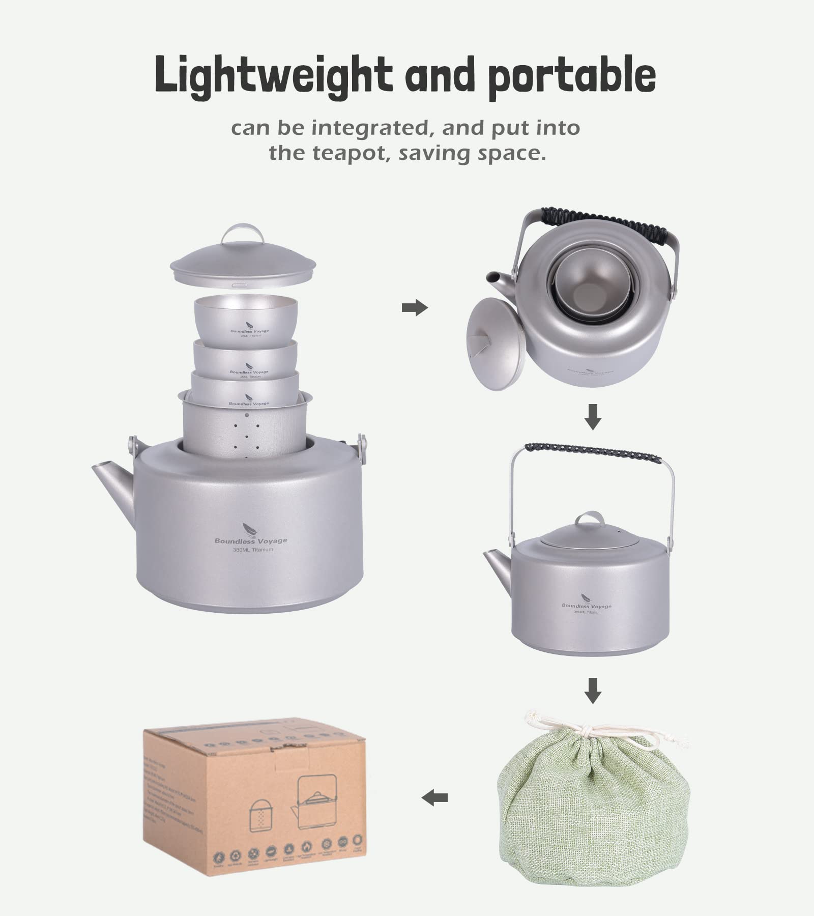 Boundless Voyage Set Da Tè In Titanio 99,8% – Teiera 380ml Con Filtro Doppio + 3 Tazze A Doppio Strato, Custodia Per Campeggio E Viaggi
