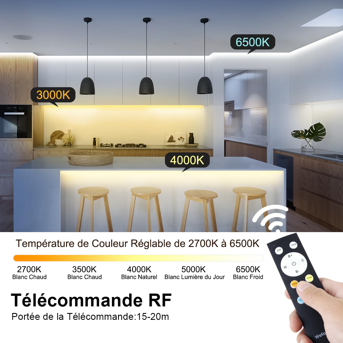 Wefomey 10M COB Striscia LED Striscia LED Bianco Caldo 2700K-6500K CRI>92 Alta Luminosità 24V Dimmerabile con Telecomando e Alimentazione, Per Casa Camera Da Letto Miroi Decorare